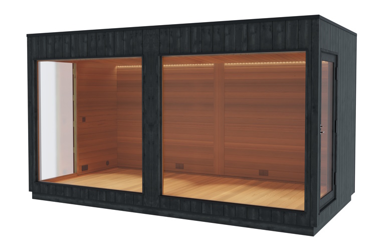 VIP-tilan ulkopuolella on tilava Kirami FinVision® -lounge XL | Kirami ulkosaunat ja modulit