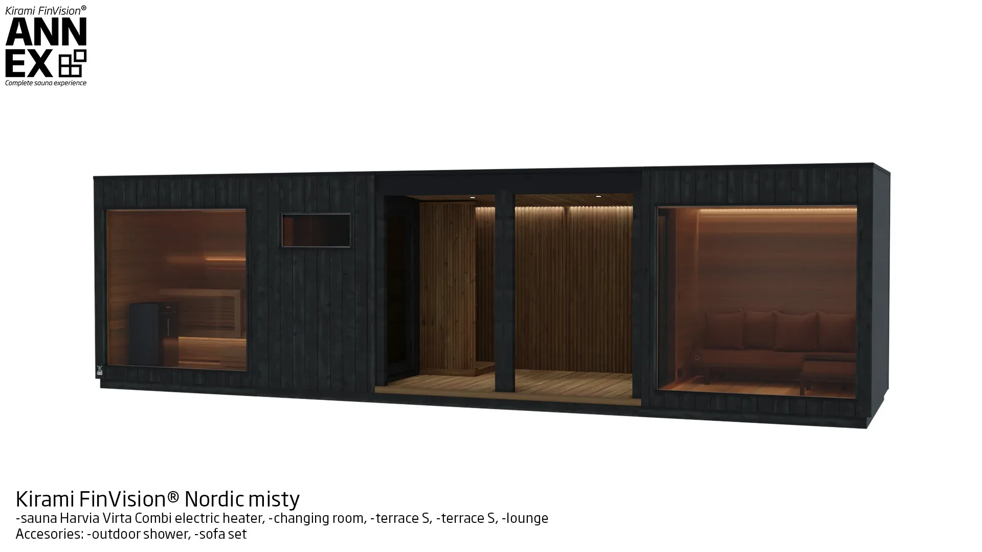 Kirami FinVision® -sauna (with Harvia electric heater), -changing room, -terrace S, -terrace S, -lounge Misty | Kirami FinVision® Annex